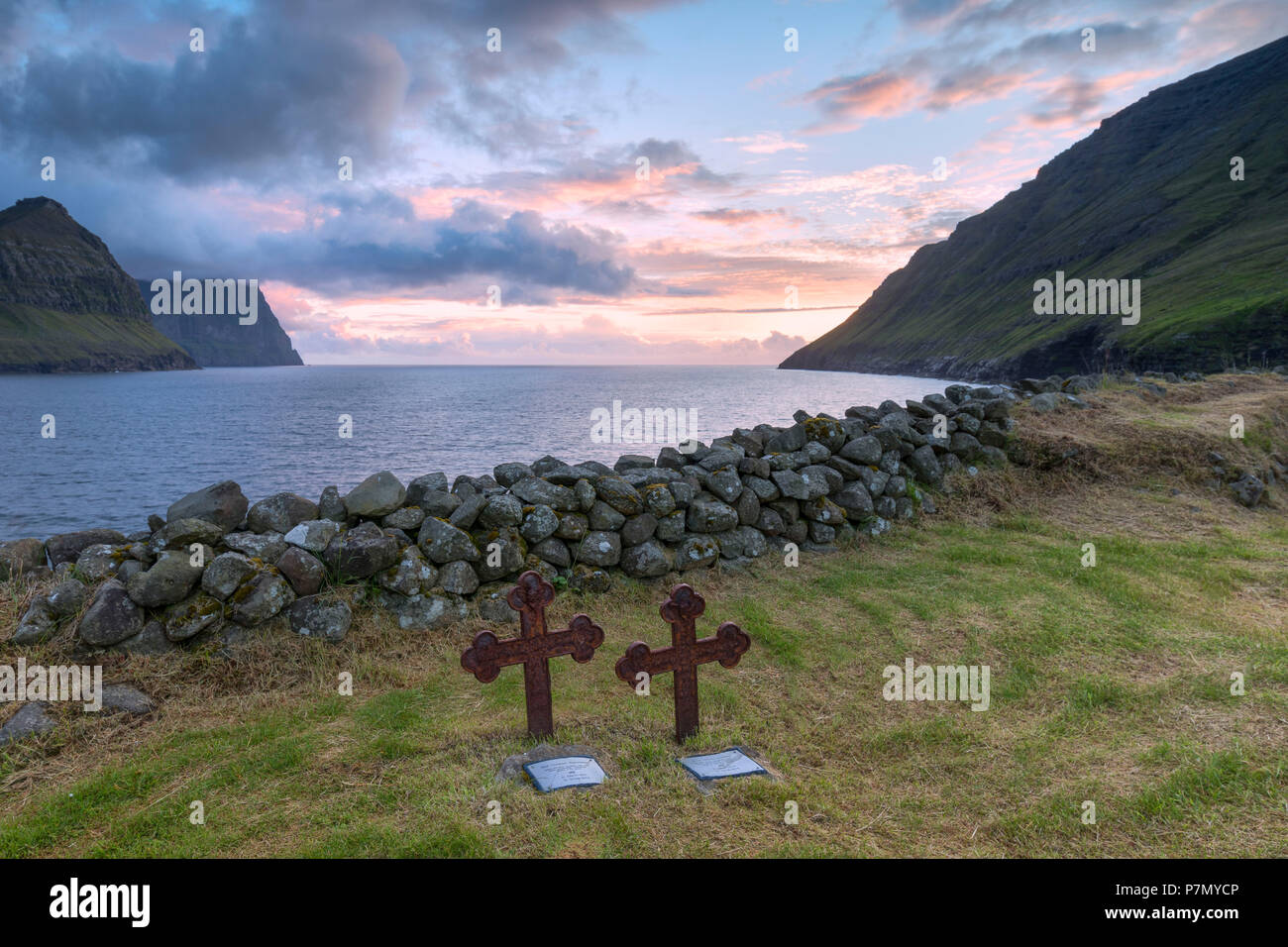 Tombstones, church of Vidareidi, Vidoy island, Faroe Islands, Denmark Stock Photo