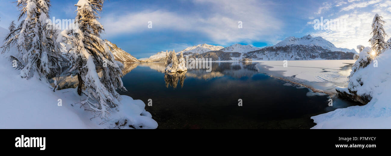 Panoramic of frozen Lake Sils, Plaun da Lej, Maloja Region, Canton of Graubunden, Engadin, Switzerland Stock Photo