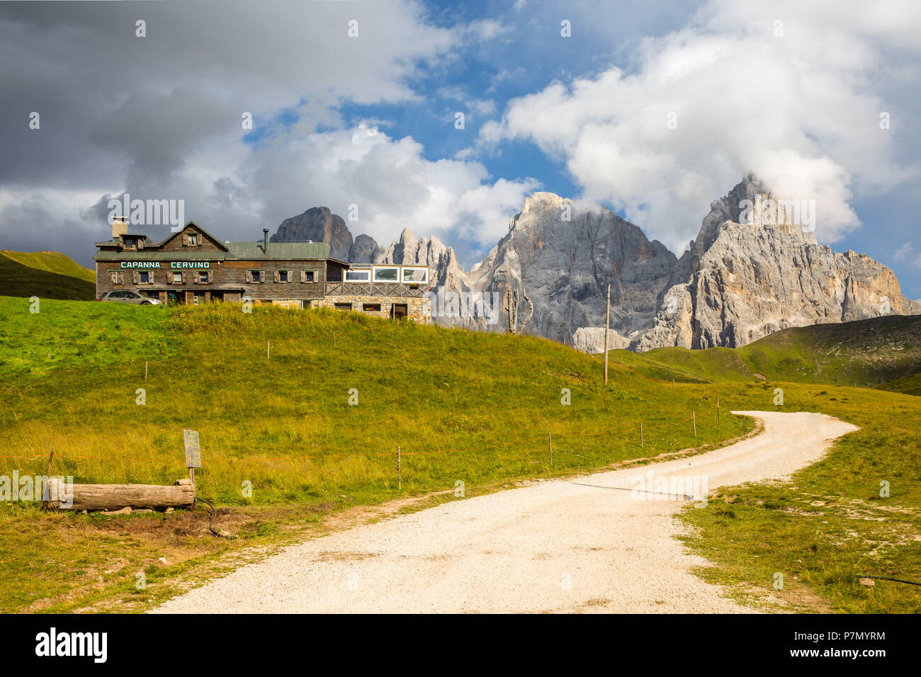 Path to Capanne Cervino refuge and the Pala group, Pala group, Pale di San Martino, Rolle Pass, Passo Rolle, San Martino di Castrozza, Trento province, Trentino-Alto Adige, Italy, Stock Photo