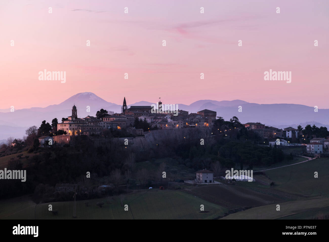 Mondavio old town at sunrise, Pesaro Urbino, Marche, Italy Stock Photo