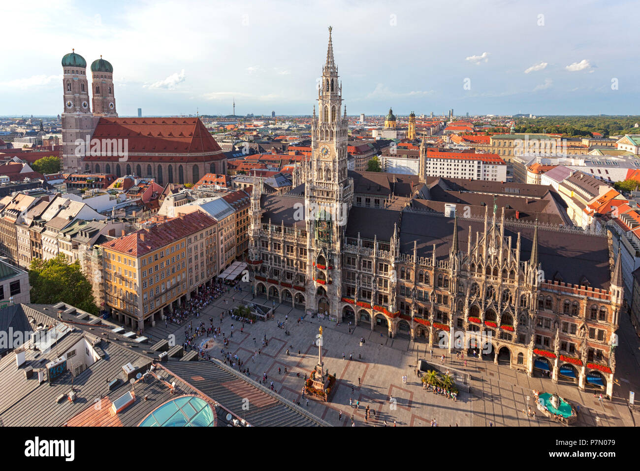 Overview of Town Hall, Rathaus, and Frauenkirche from St. Peter bell tower, Marienplatz, Munich, Bavaria, Germany, Stock Photo