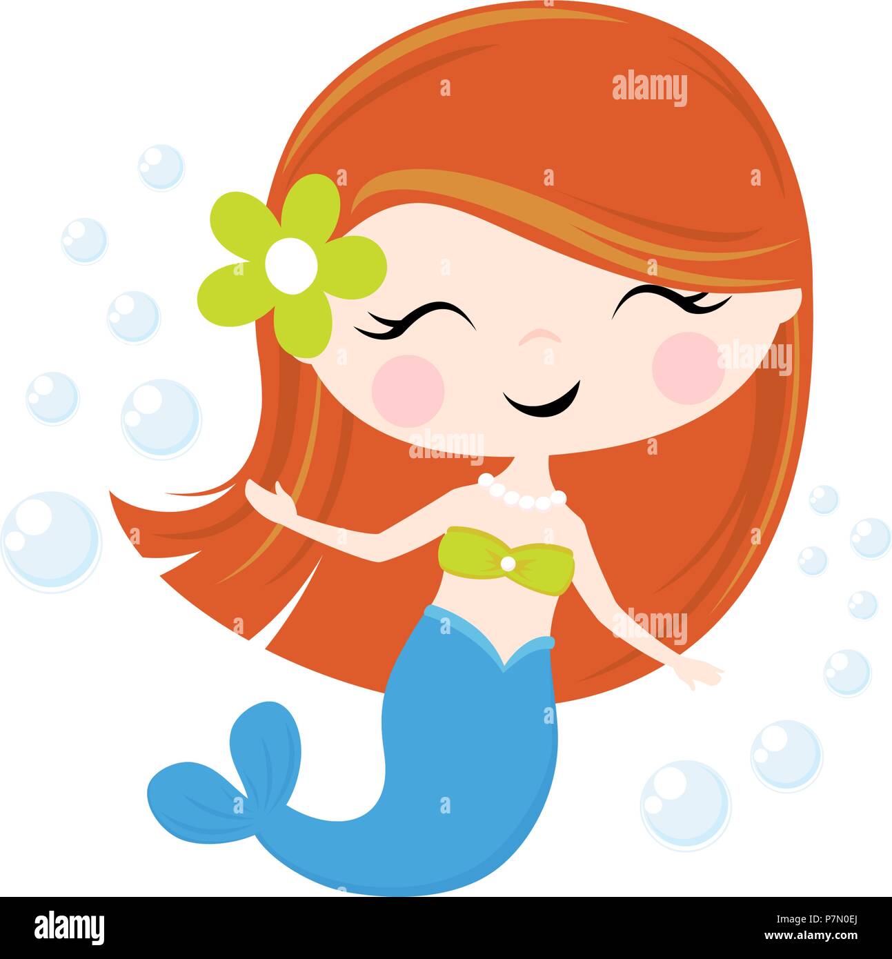 cute little redhead mermaid illustration isolated on white, design for baby girl and children Stock Vector