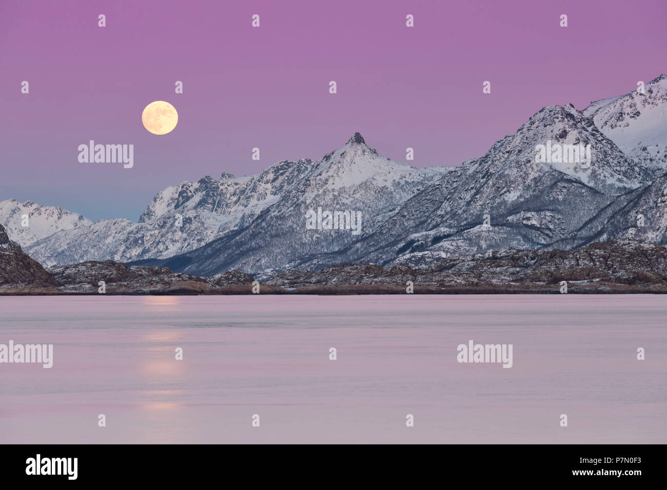 full moon on Austnesfjorden, municipality of Vagan, Lofoten Island, Norway, Europe Stock Photo