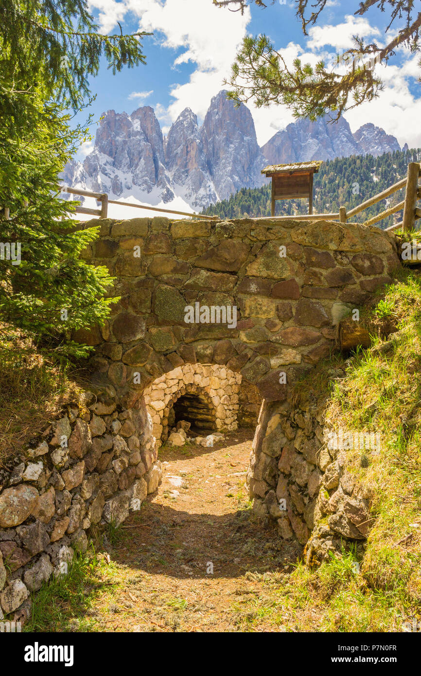 Ancient restored lime oven, Sentiero natura, Funes valley, Odle dolomites, South Tyrol, Trentino Alto Adige, Bolzano province, Italy, Europe Stock Photo