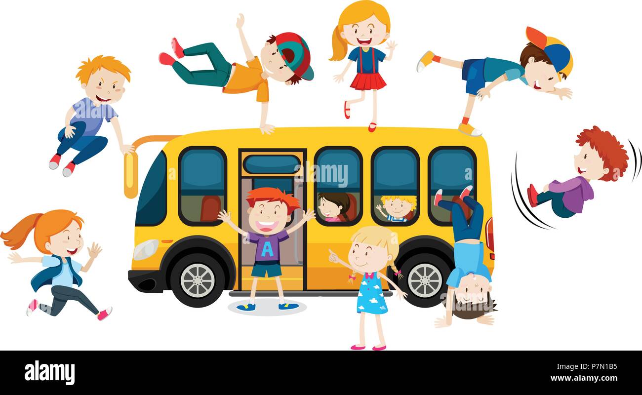 Young Children and School Bus illustration Stock Vector Image & Art - Alamy