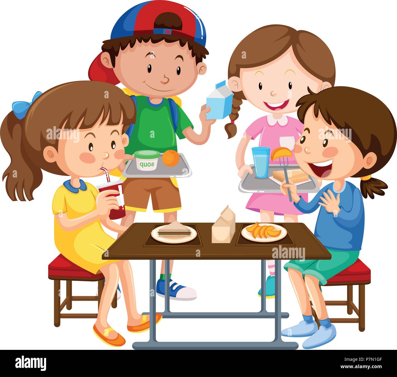 Group of children eating together illustration Stock Vector