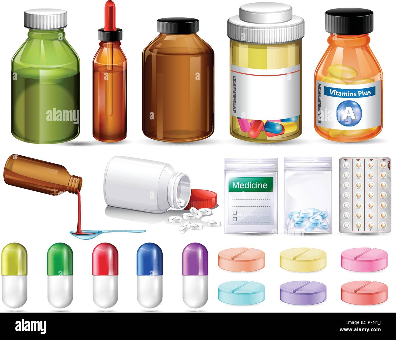 Set of pills and medicine containers illustration Stock Vector