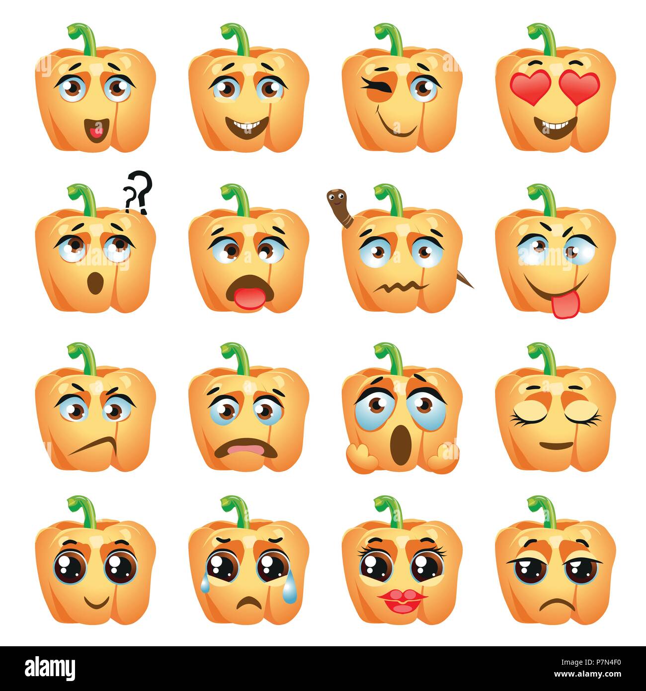 Set of vector stickers, emojis with cute orange pepper Stock Vector