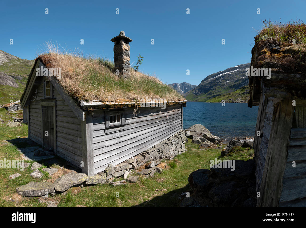 Old Norwegian turf roof hut on the high fells above Sognefjord at Gaularfjellet, Norway. Stock Photo