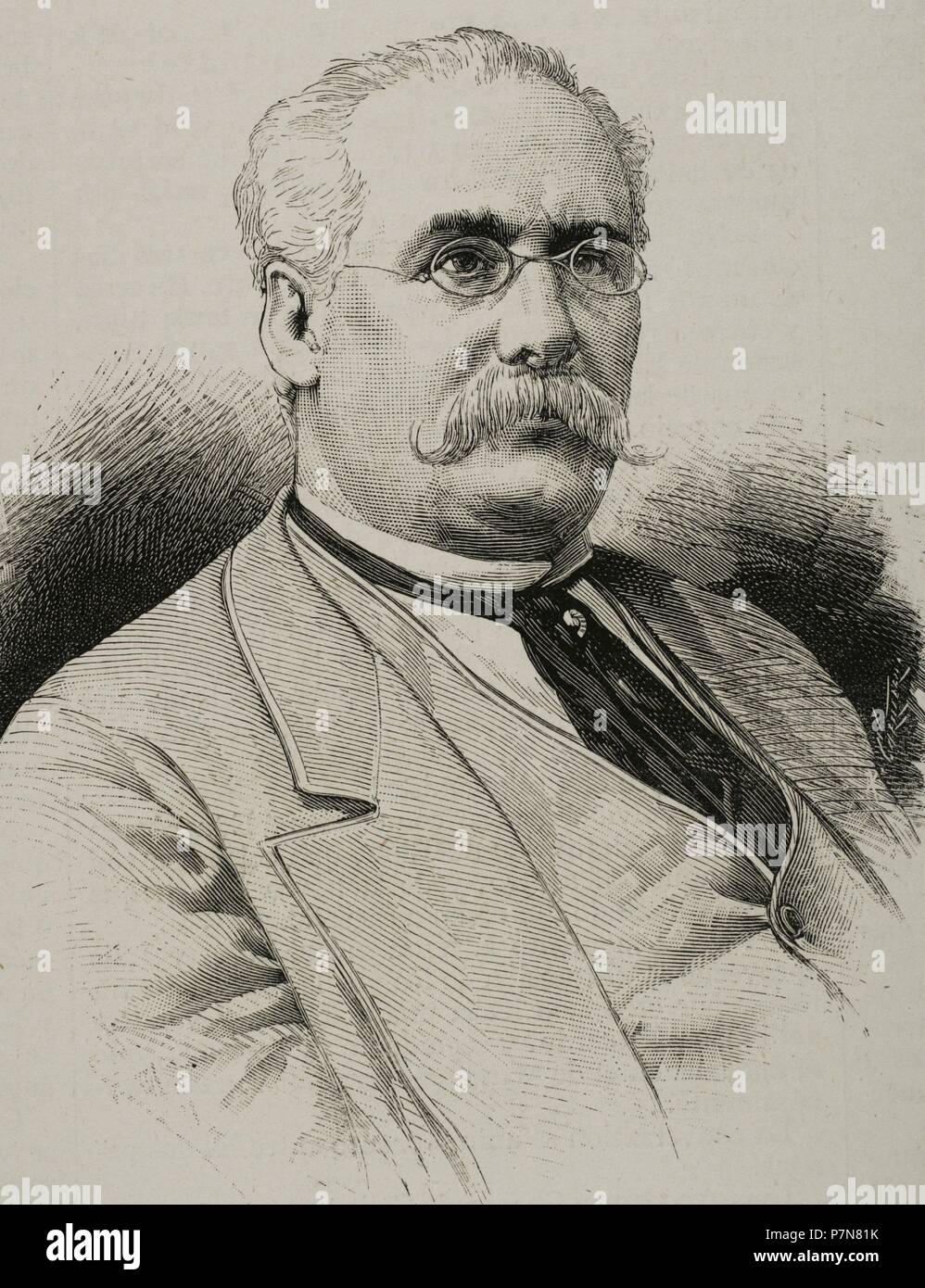 Teodoro Guerrero Pallares (1824-1904). Writer and Spanish politician. Portrait. Engraving by Arturo Carretero. 'La Ilustracion Espanola y Americana', 1884. Stock Photo