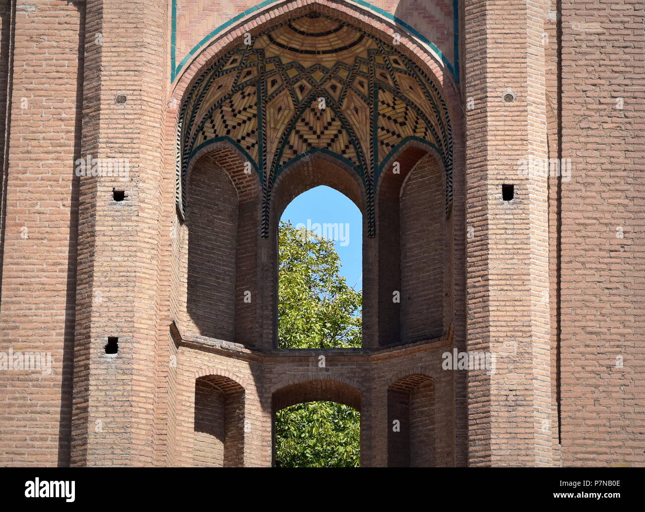 Islamic Iranian architecture window vault of historical Ali Qapu gate in Qazvin, Iran Stock Photo