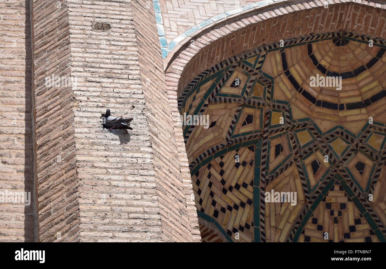 Pigeon rests at hole of large Silk Road gate with beautiful Islamic Iranian mosaic and tile decorations and architectural features at Qazvin, Iran Stock Photo