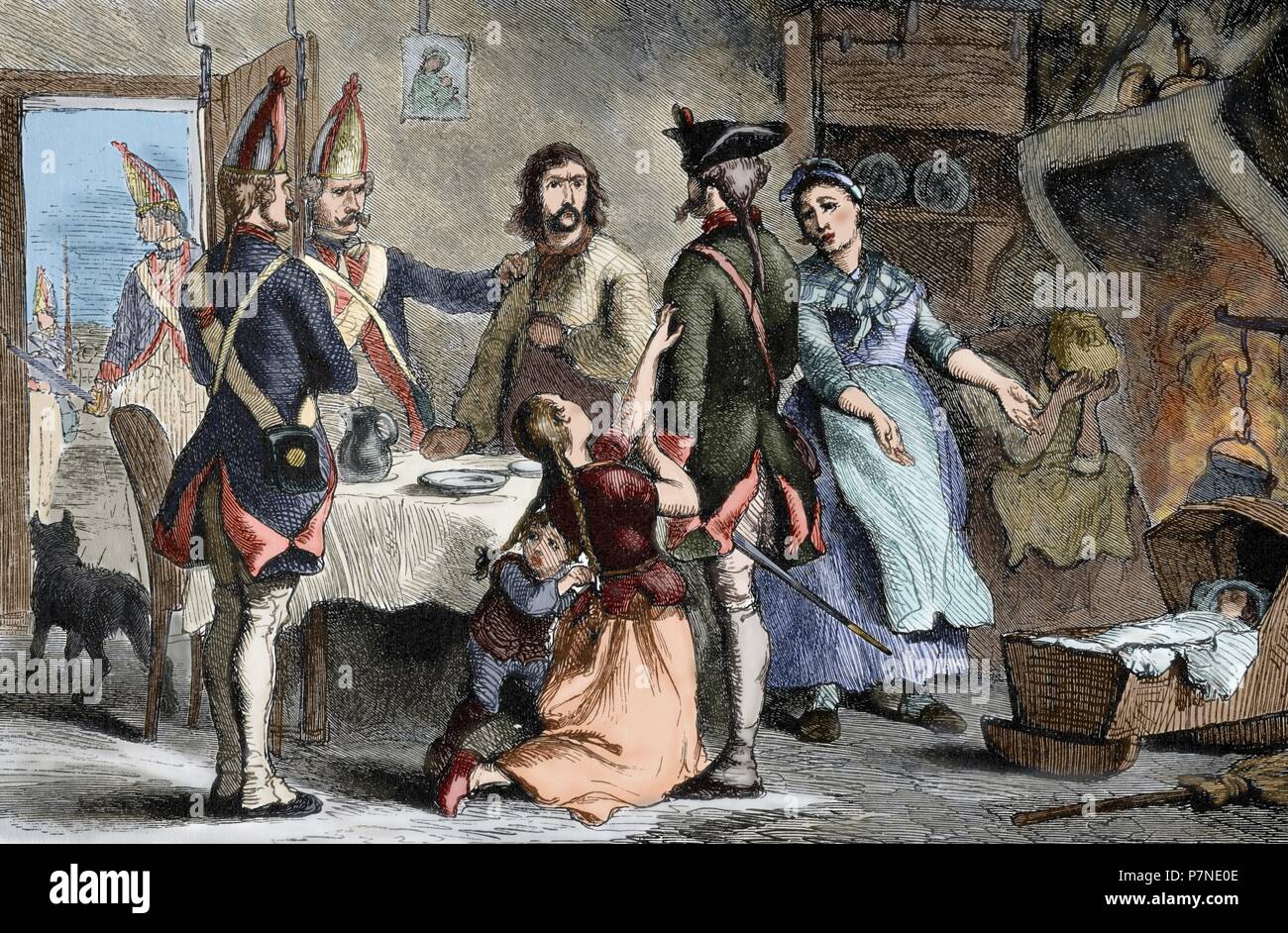 American Revolutionary War (1775-1783). Hessian recruited as a soldier by the British military service while his family begs them not to recruit him. They are most widely associated with combat operations in the American War of Independence. Engraving by Darley. 19th century. Colored. Stock Photo