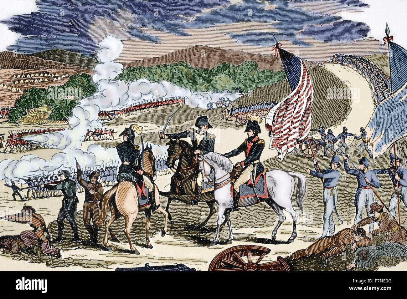 American Revolutionary War (1775-1783). Battles of Saratoga (1777). First Saratoga: Battle of Freeman's Farm (September 19th, 1777). Engraving. Colored. Stock Photo