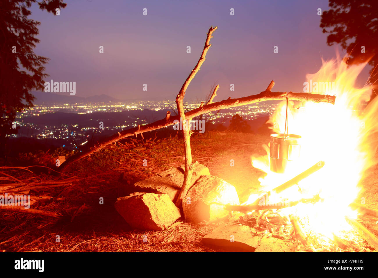 Boiling water in stainless steel pot over open flame Stock Photo Alamy