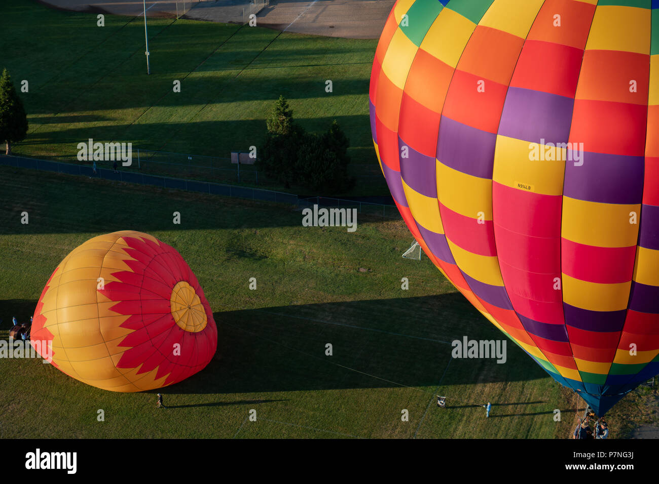 Hot air balloons soaring over fields and mountains during the Balloon