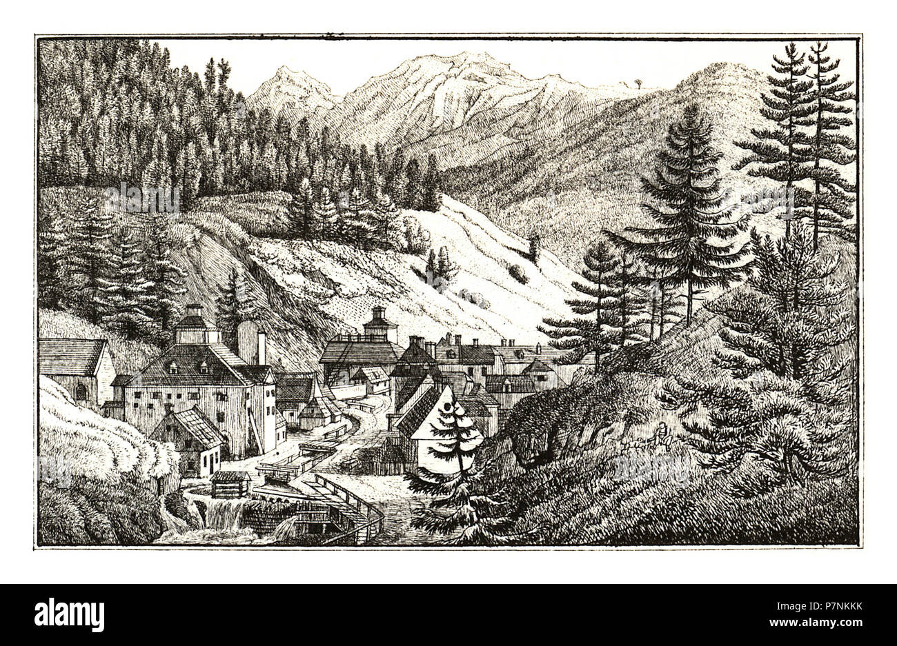 320 Vordernberg mit dem Stadt Leobner Plachhause - J.F.Kaiser Lithografirte Ansichten der Steiermark 1830. Stock Photo