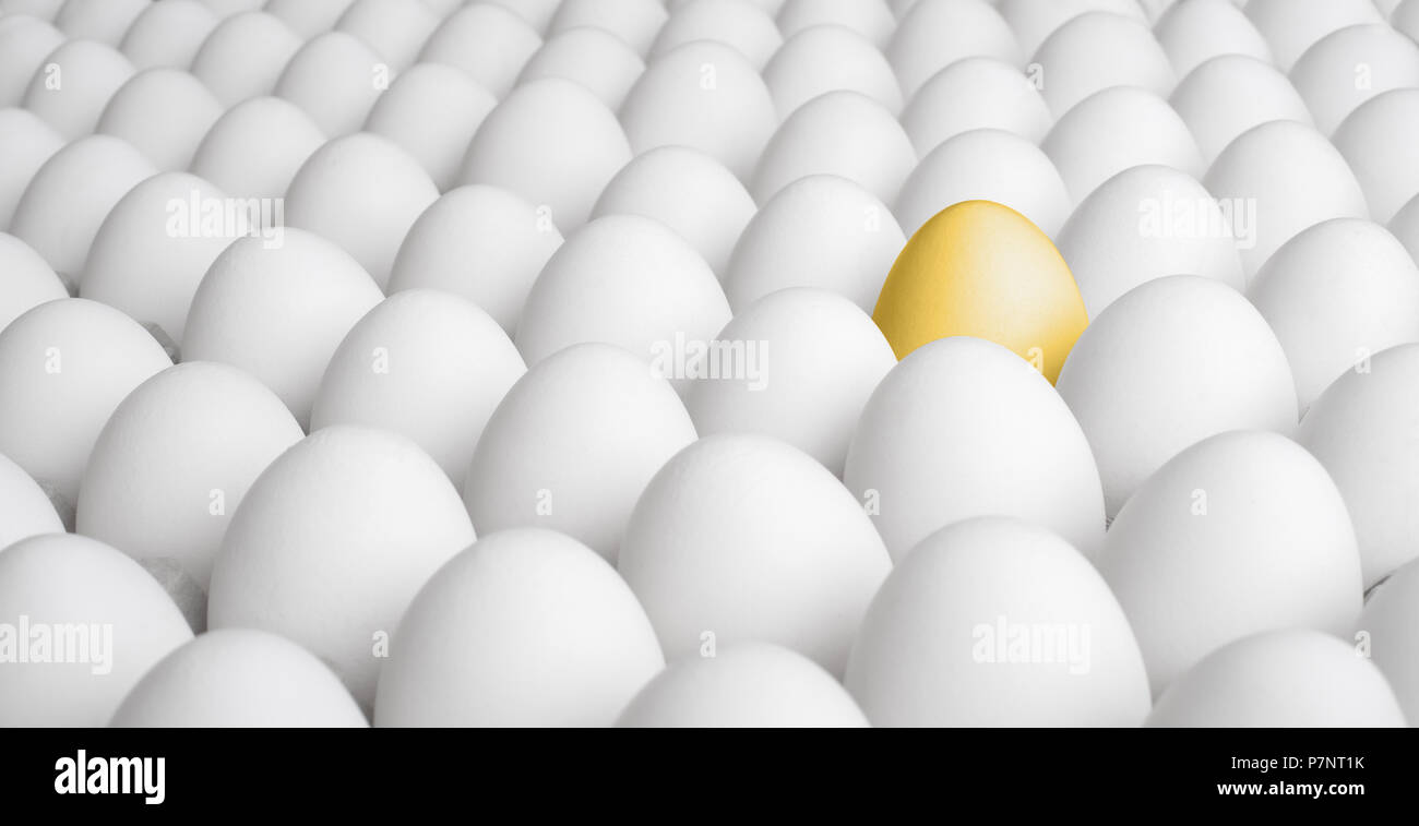 great  many white new-laid eggs and one gold egg, concept -  stand out , horizontal photo Stock Photo