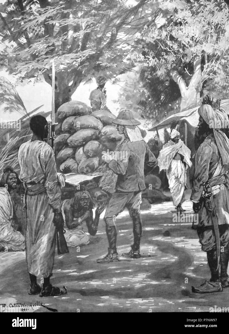 English: Illustration from 1901 titled The Defeat of the Mad Mullah in Somaliland showing a British officer casually interrogating prisoners at the base camp at Burao. Actually, the war against the Mad Mullah was just beginning. The illustration by well-known battle illustrator Richard Caton Woodville was published in the Illustrated London News in its 27 July 1901 issue. 1901 254 Mad Mullah War Caton Woodville illustration Stock Photo