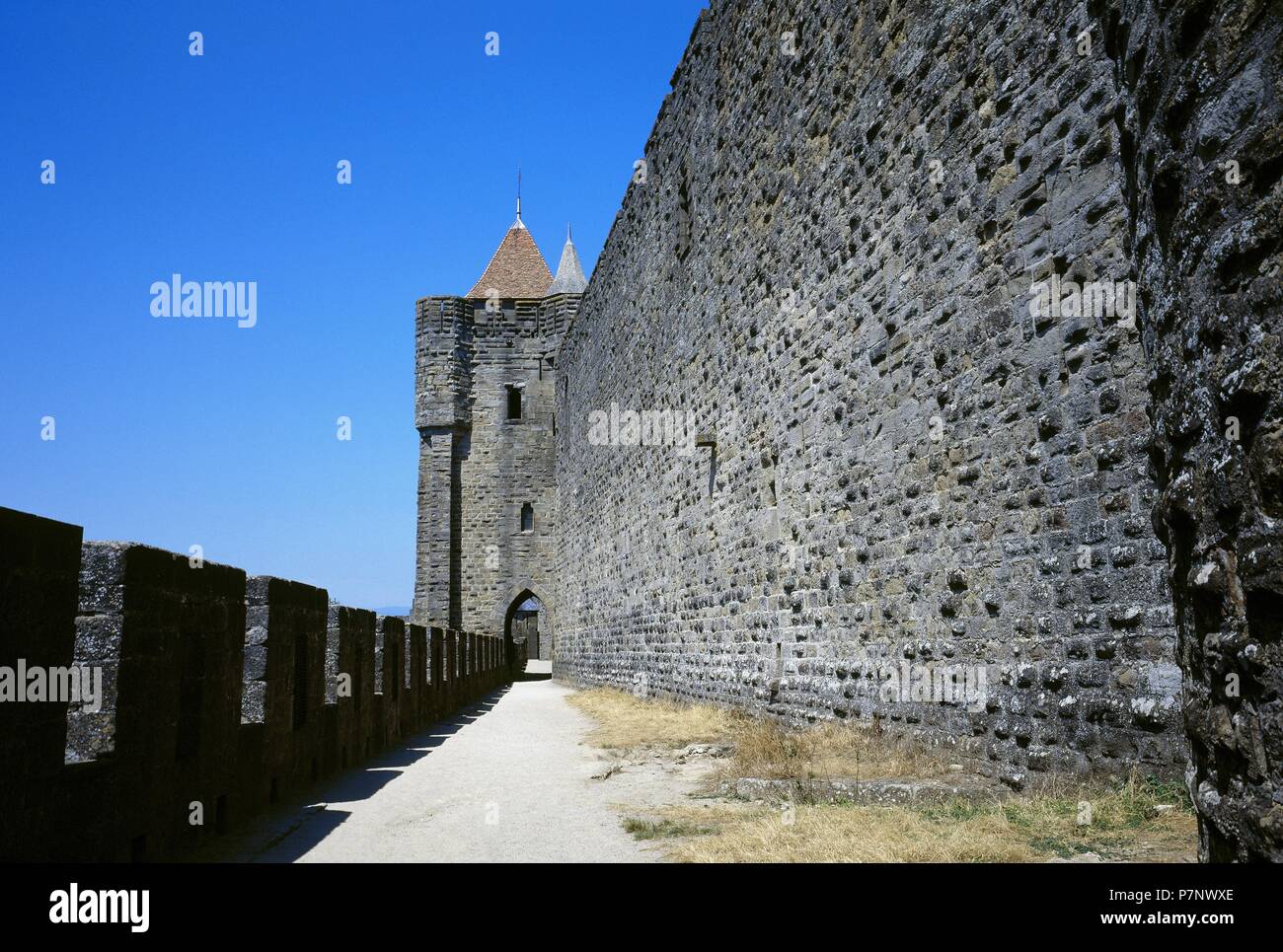 France. Carcassone. Walls of the Cite de Carcassonne. Medieval fortress restored by Eugene Viollet-le Duc, 1853. Stock Photo