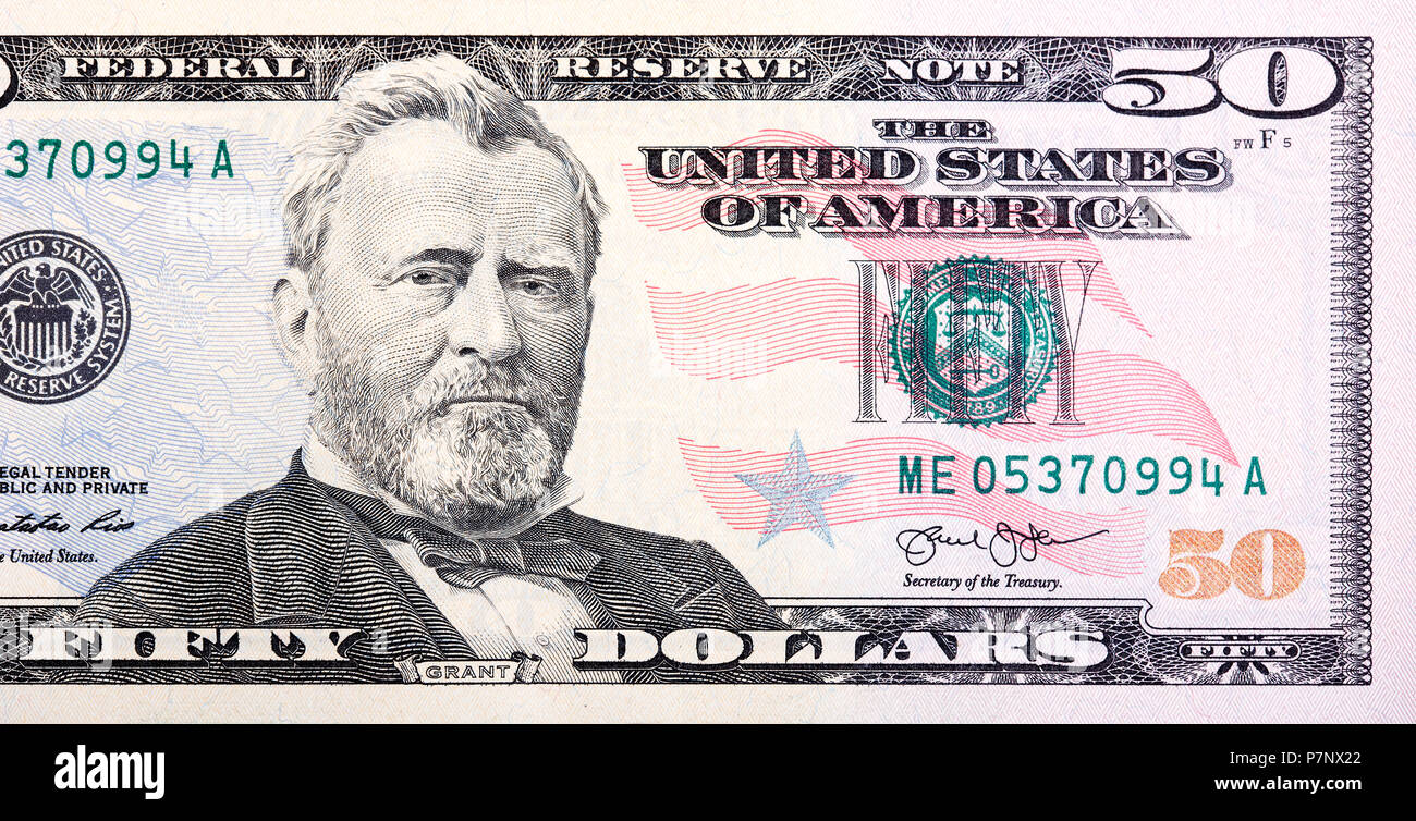 A U.S. fifty 50 Dollar Bill close up of Grant. Stock Photo
