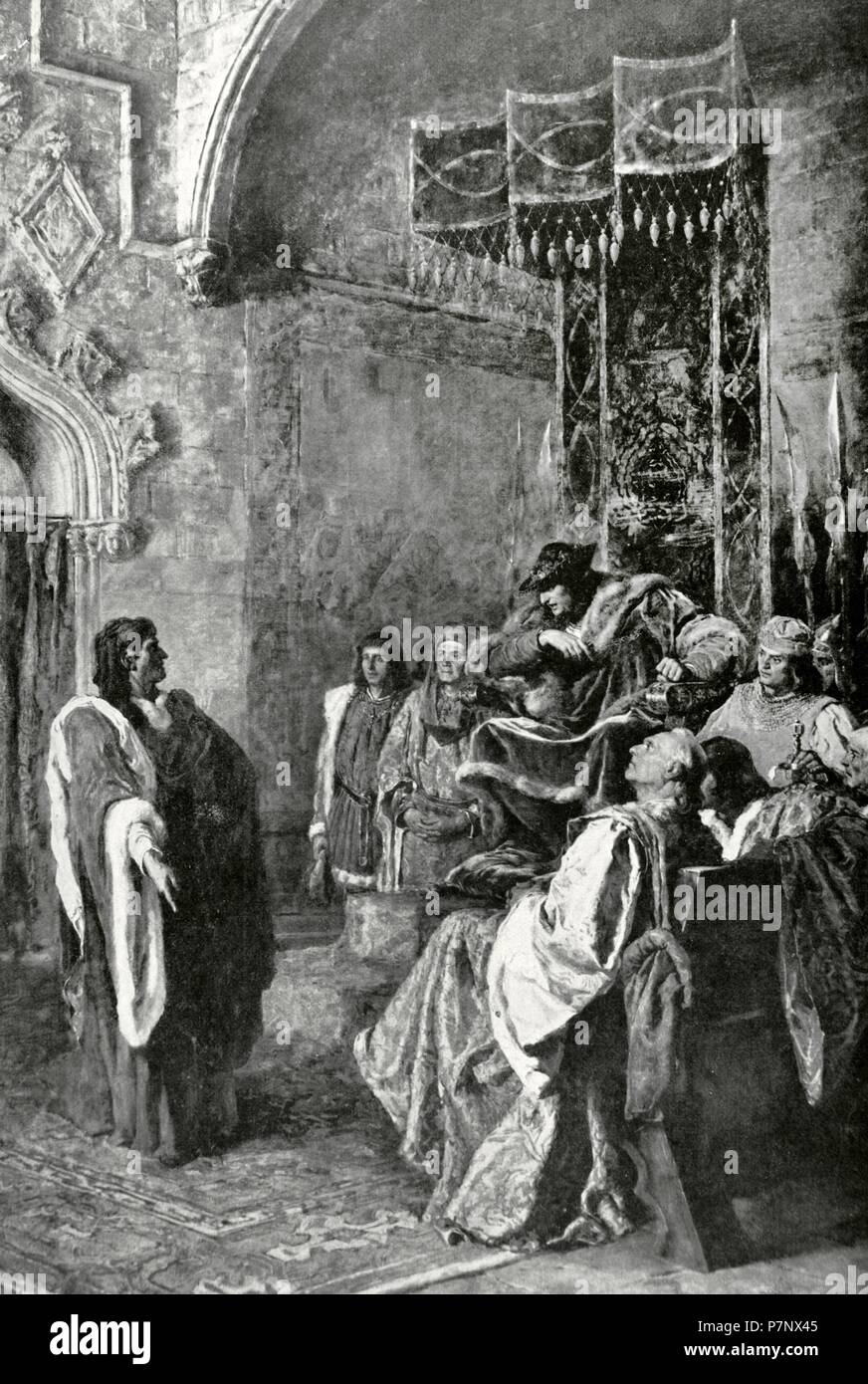 Joan Fiveller (14th century-1434). Member more representative of the urban oligarchy of Barcelona. Counselor of Barcelona. Fivaller defending the rights of the city before King Ferdinand and her court. Engraving of the Catalan Illustration after a painting by Ramon Tusquets, 1904. Stock Photo
