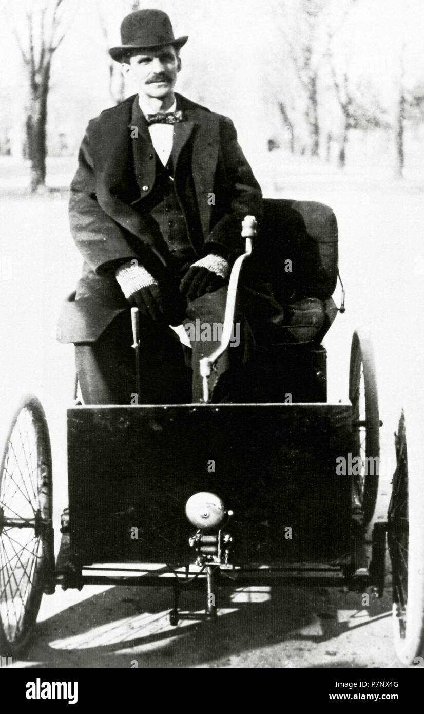Henry Ford (1863-1947). American industrialist, founder of the Ford Motor Company in 1903. Henry Ford with his first automobile, 1896. Stock Photo