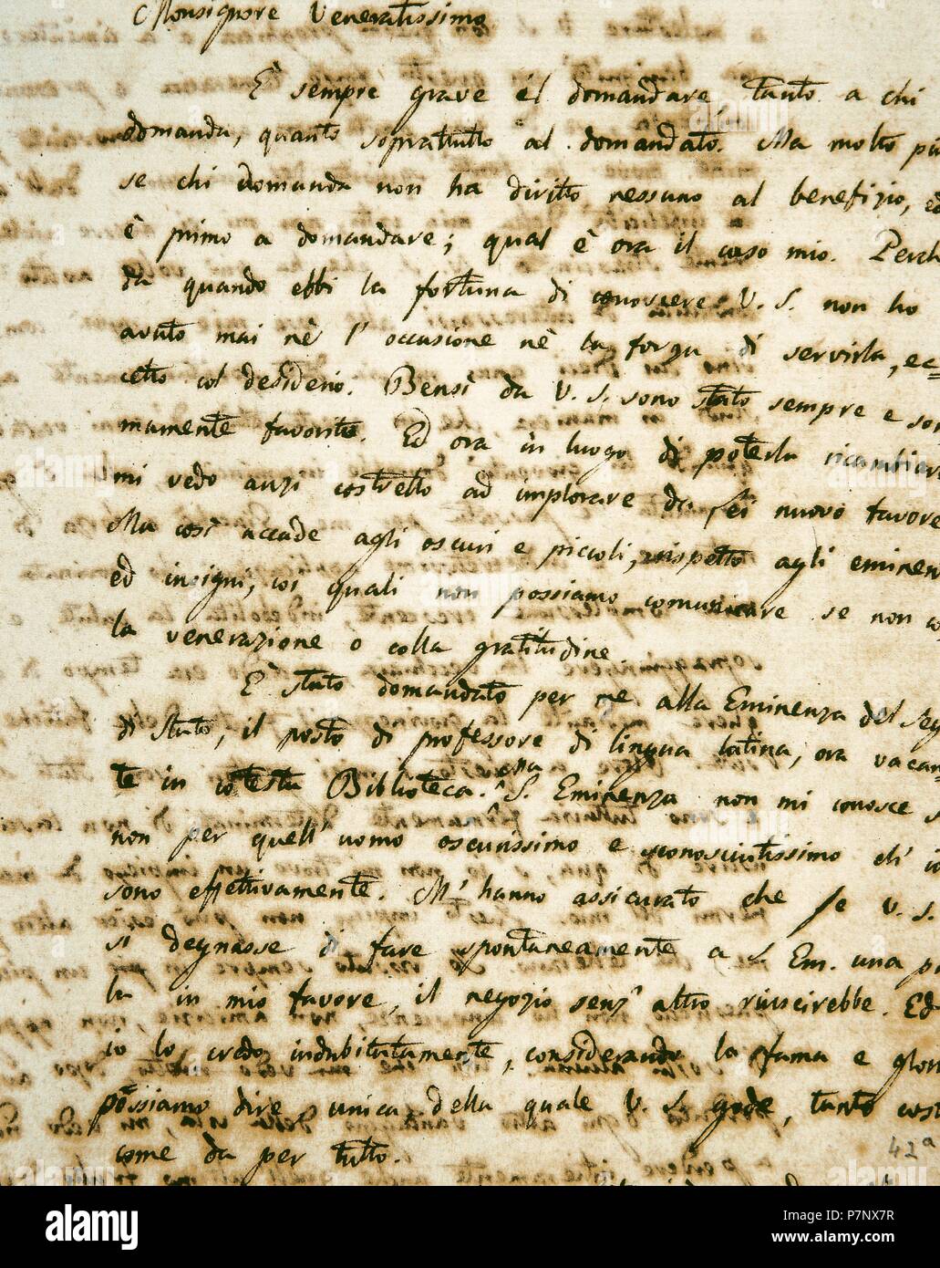 Giacomo Leopardi (1798-1837). Italian philosopher and poet. Handwritten letter to Monsignor Angelo Mai, first Guardian of the Vatican Library, Folio 42r, 1821. Vatican Apostolic Library. Vatican City. Stock Photo