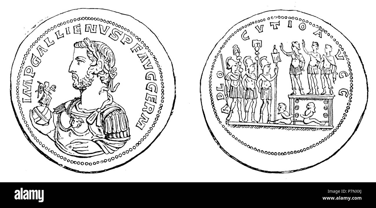 Portrait of Gallienus on a bronze medallion. On the back Valerianus and Gallienus in the adlocutio. At the foot of the estuary two Germanic prisoners,   1899 Stock Photo