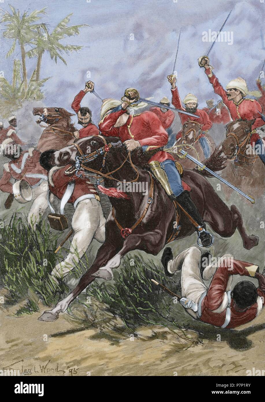 India. Sepoy Rebellion (1857). India revolution that erupted as a reaction against British colonial policy. In 1857 the sepoys revolted and deprived of all authority to the East India Company (1858). Charging the British Cavalry in Lucknow, 1857. Drawing by Stanley L. Wood. Ilustracio n Ibe rica, 1898. Colored. Stock Photo