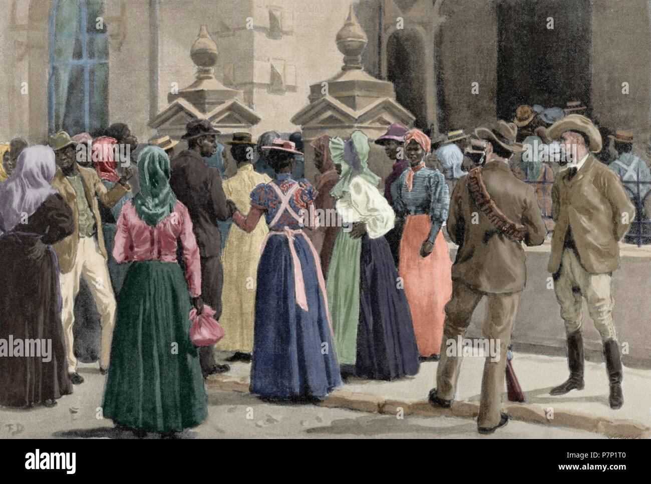 Second Anglo-Boer War (1899-1902) between the United Kingdom and Ireland and the South African Republic and the Orange Free State. Exodus of Johannesburg. Native  people leaving from the city. Engraving. 'La Ilustracion Artistica', 1900. Colored. Stock Photo
