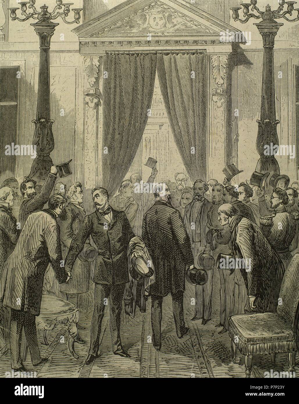 Prince Philippe of Orleans, Count of Paris (1838-1894). Orleanist pretender to the French throne from 1848 until his death. Entry of the Prince in the French Assembly, Versailles. Engraving. 'La Ilustracion Espanola y Americana', 1872. Stock Photo