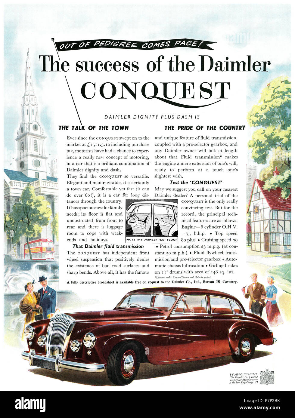 1953 British advertisement for the Daimler Conquest motor car. Stock Photo