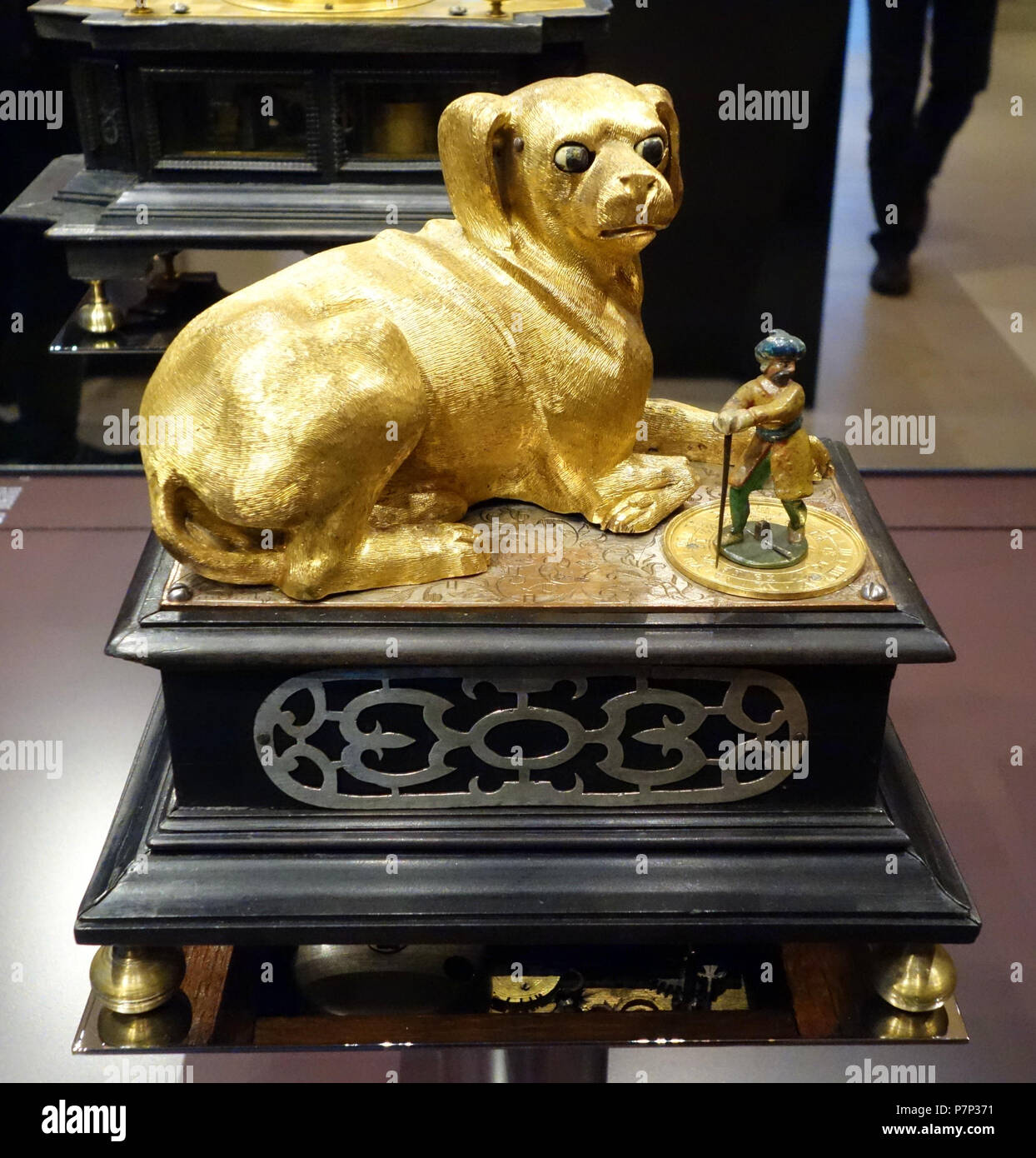 English: Exhibit in the Mathematisch-Physikalischer Salon (Zwinger), Dresden, Germany. This artwork is old enough so that it is in the . Photography was permitted in the museum without restriction. 8 December 2013, 06:50:09 330 Resting Dog automaton, Augsburg, c. 1600 - Mathematisch-Physikalischer Salon, Dresden - DSC07920 Stock Photo