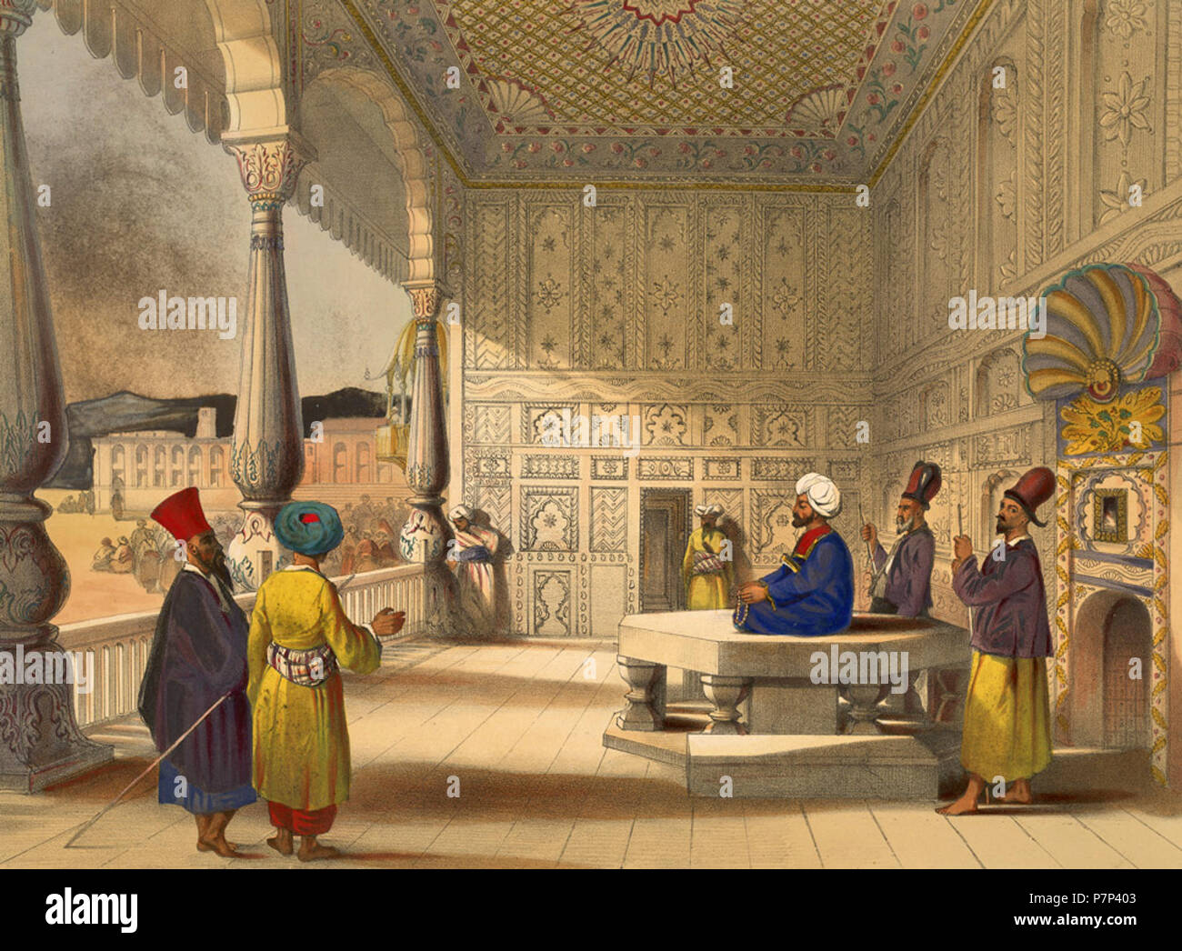 Interior of the palace of Shauh Shujah Ool Moolk, Late King of Cabul This lithograph is taken from plate 3 of 'Afghaunistan' by Lieutenant James Rattray. This scene shows Shah Shuja in 1839 after his enthronement as Emir of Afghanistan in the Bala Hissar (fort) of Kabul. Rattray wrote: 'The Shah was a man of great personal beauty, and so well got up, that none could have guessed his age.' He continued: 'the wild grandeur of the whole pageantry baffles description.' The population watched Shuja's grand entry in absolute silence. He was then seated on a white and reputedly ancient marble throne. Stock Photo
