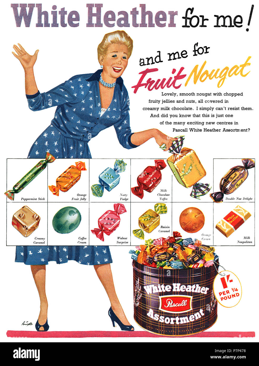 1956 British advertisement for White Heather chocolates by Pascall, illustrated by Aubrey Rix. Stock Photo