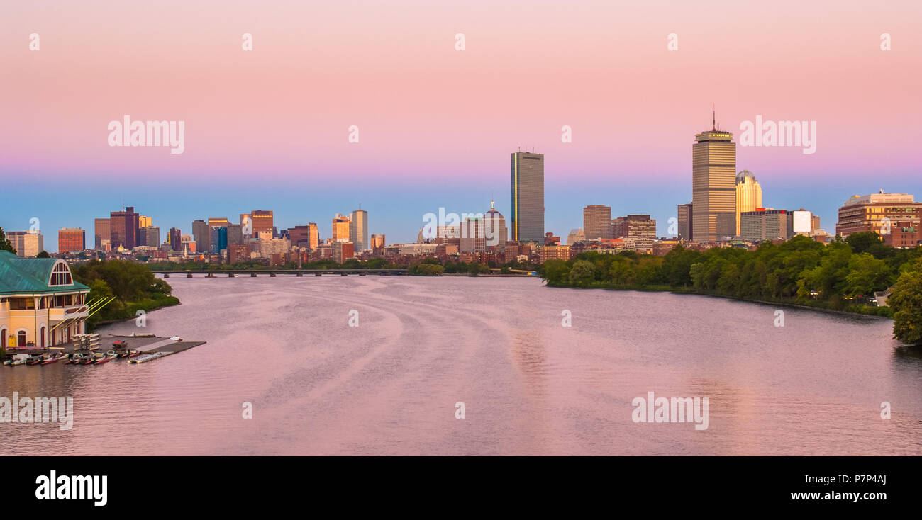 View of Boston, Cambridge, Harvard Boathouse, Charles River Stock Photo