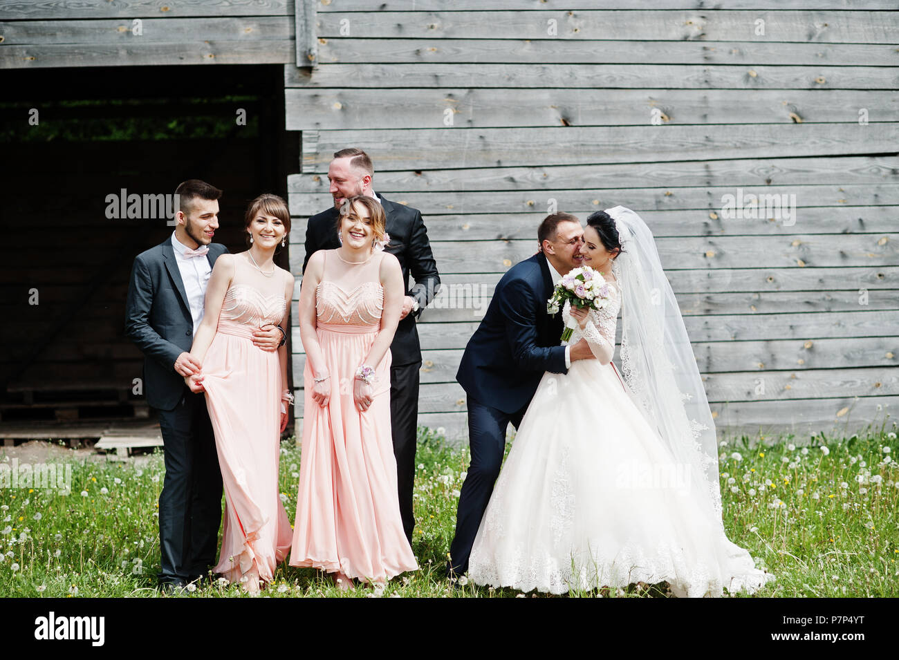 Bridesmaids with groomsmen and wedding couple having fun outdoors next to the old rustic wooden barn. Stock Photo
