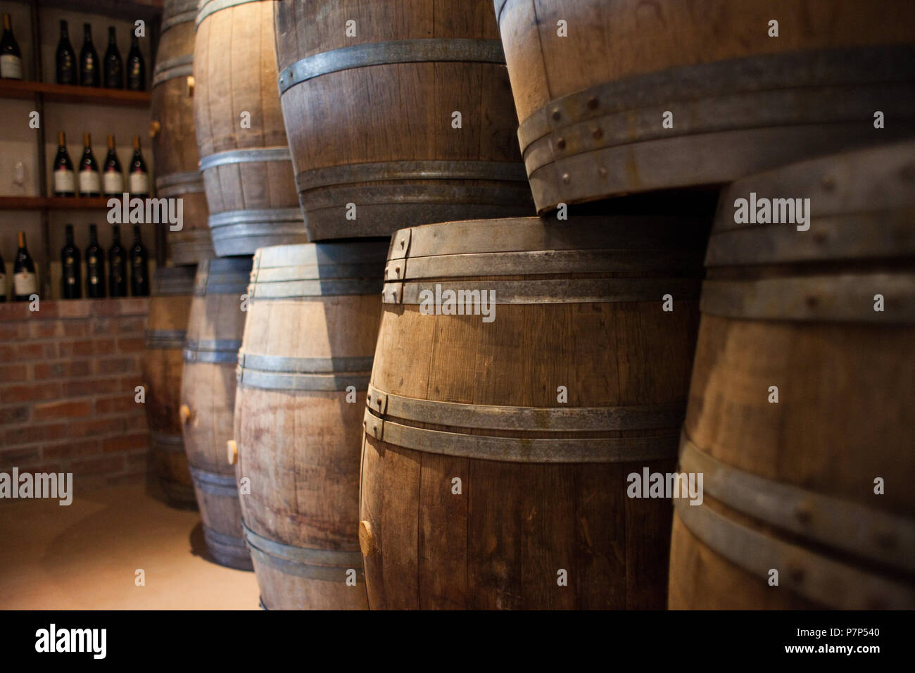 Barrels of South African wine stacked for sale Stock Photo