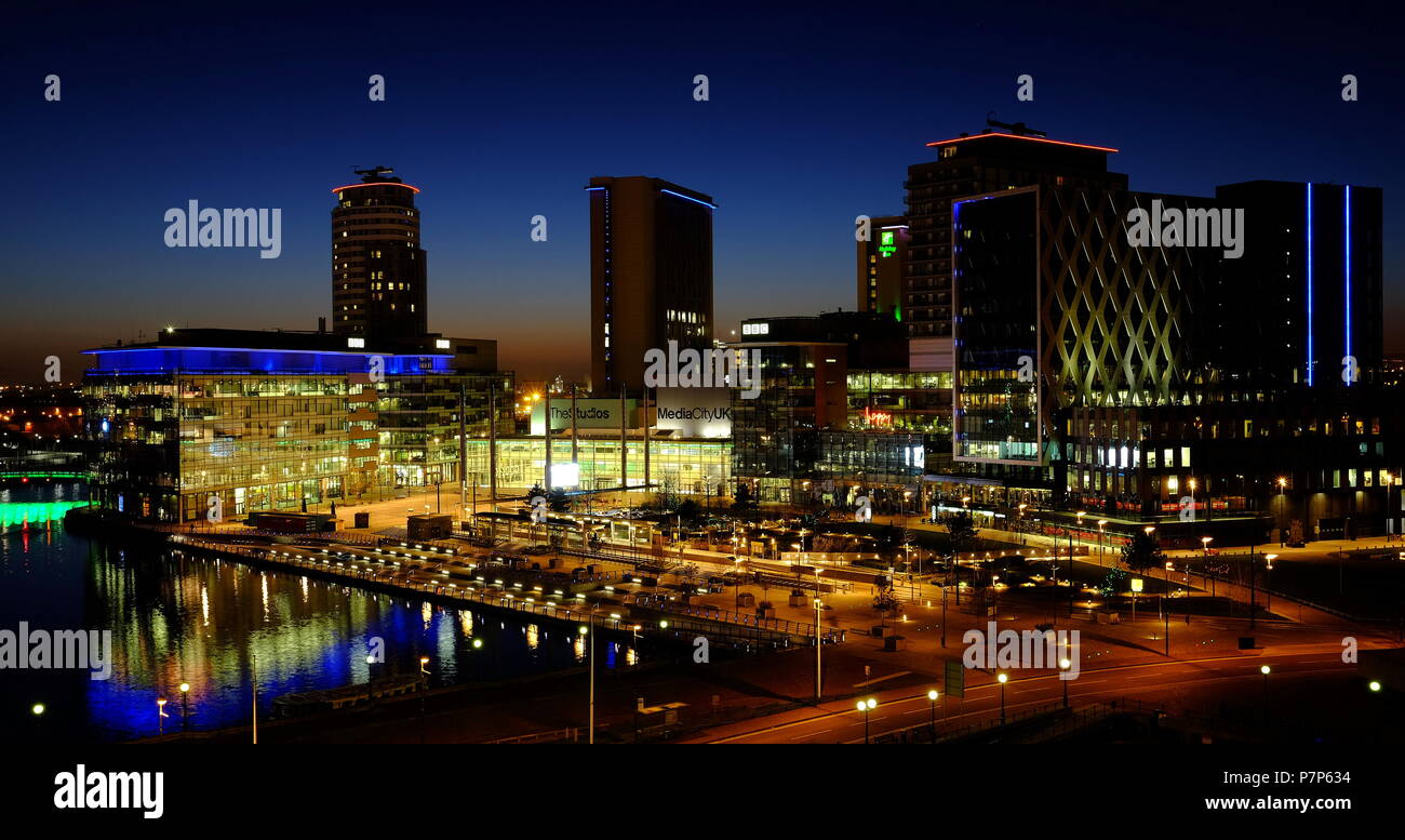 Media City area at night Salford Quays Manchester. Stock Photo