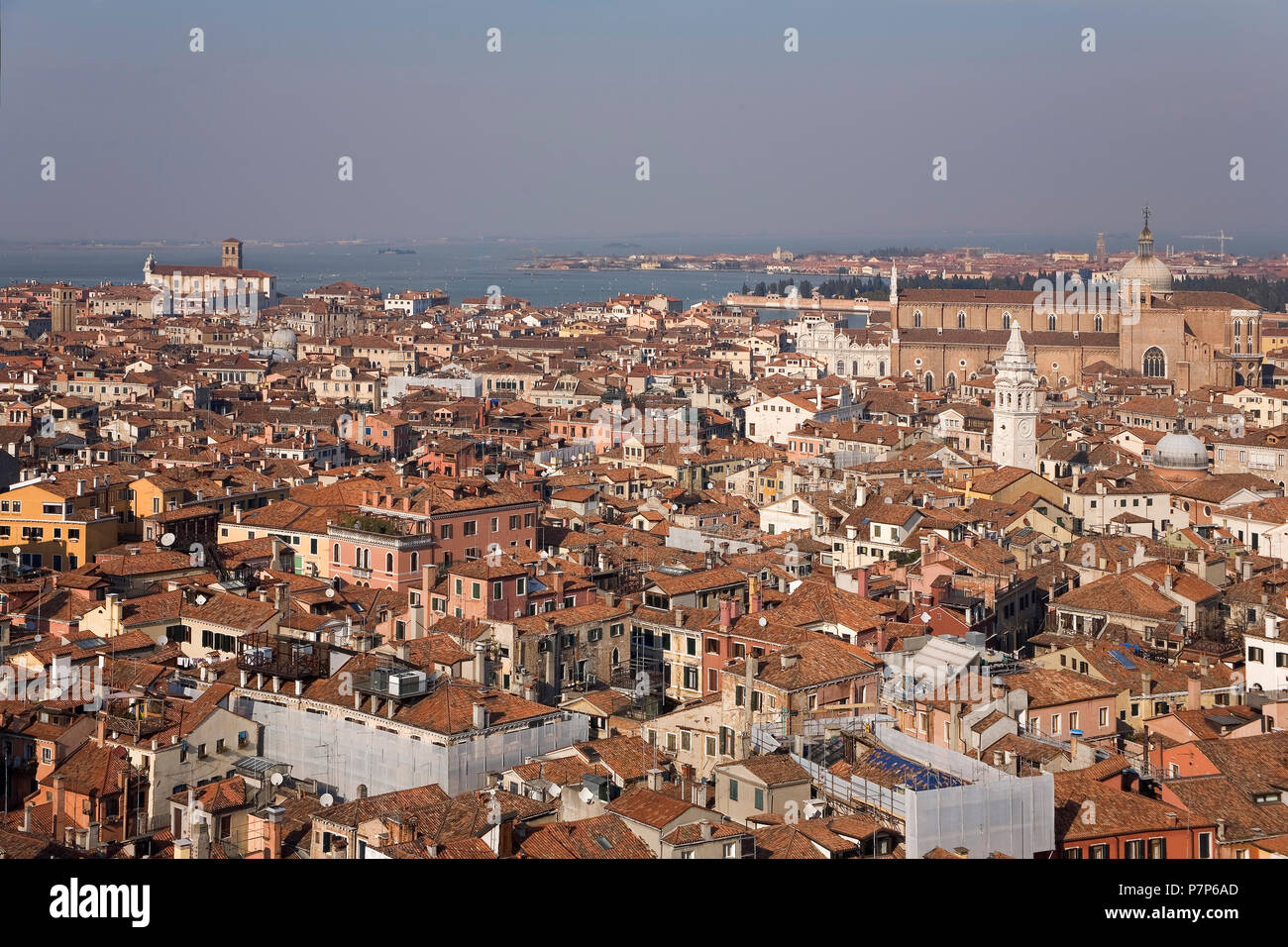Rooftops, looking north over parts of San Marco, Castello and Cannaregio, Venice, Italy, from the top of the Campanile di San Marco Stock Photo