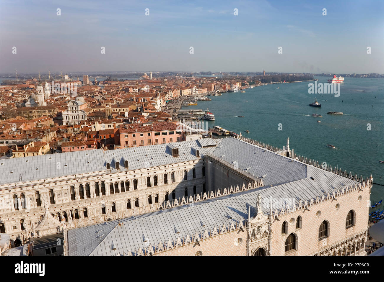 The Palazzo Ducale; Castello and Bacino di San Marco beyond, with a large ship leaving port: seen from the the Campanile di San Marco, Venice, Italy Stock Photo