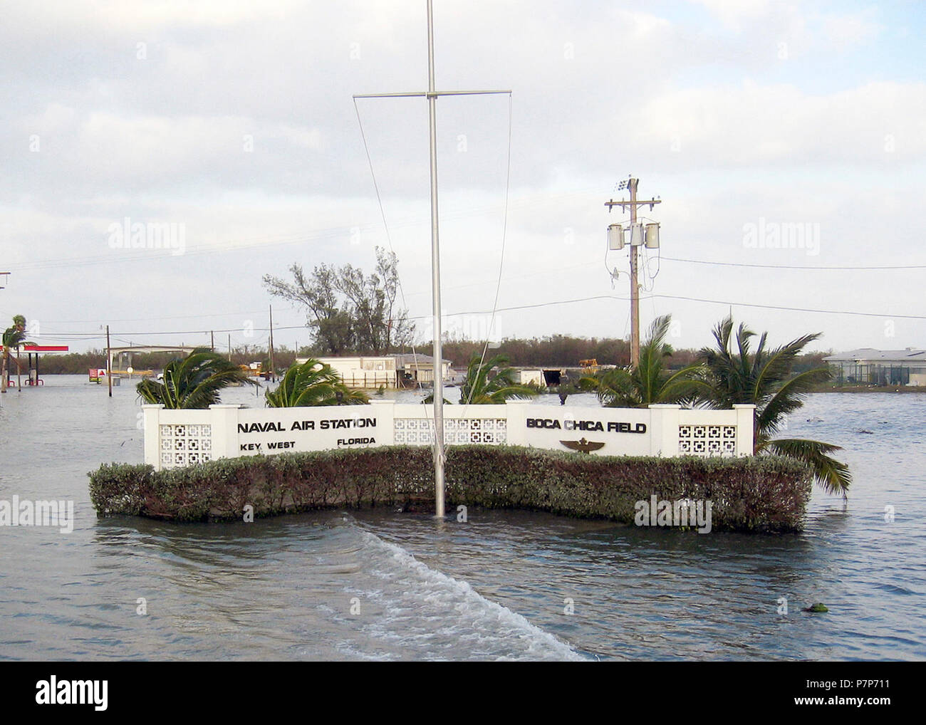 Hurricane Relief-26. The front gate of US Navy (USN) Naval Air Station (NAS) Key West/Boca Chica Field, Florida (FL), illustrates the major flooding after Category 3 Hurricane Wilma hit the area. Stock Photo