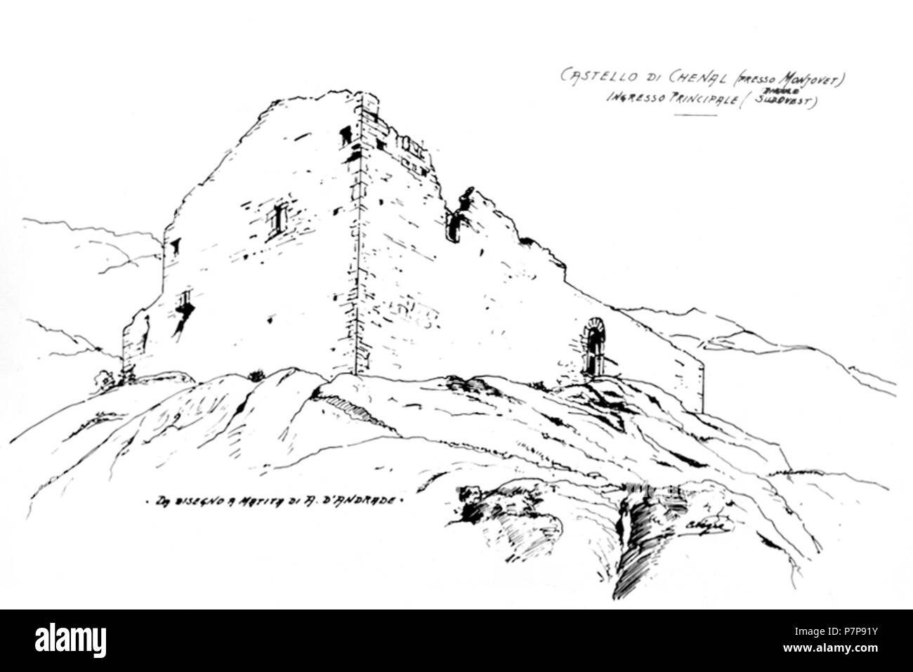 Disegno dell'ingresso principale, angolo di sud ovest, Castello di Chenal, Montjovet, Valle d'Aosta, Italia. Disegno di Carlo Nigra (1856-1942) sulla base di uno schizzo di Alfredo D'Andrade (1839-1915) . before 1942 62 Cast chenal dis nigra su dandrade ang sud ovest Stock Photo