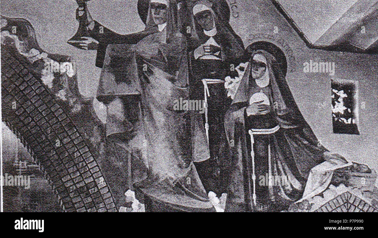 English: Images of Saint Clara, Saint Agnes & Angela of Mericia in the Leonardus Church (Haagweg, Leiden, The Netherlands). Mural paintings by Humbert Randag (plastered over in 2004). Photograph: 4 June 1944 . 1931 243 LeonardusLeiden10 Stock Photo