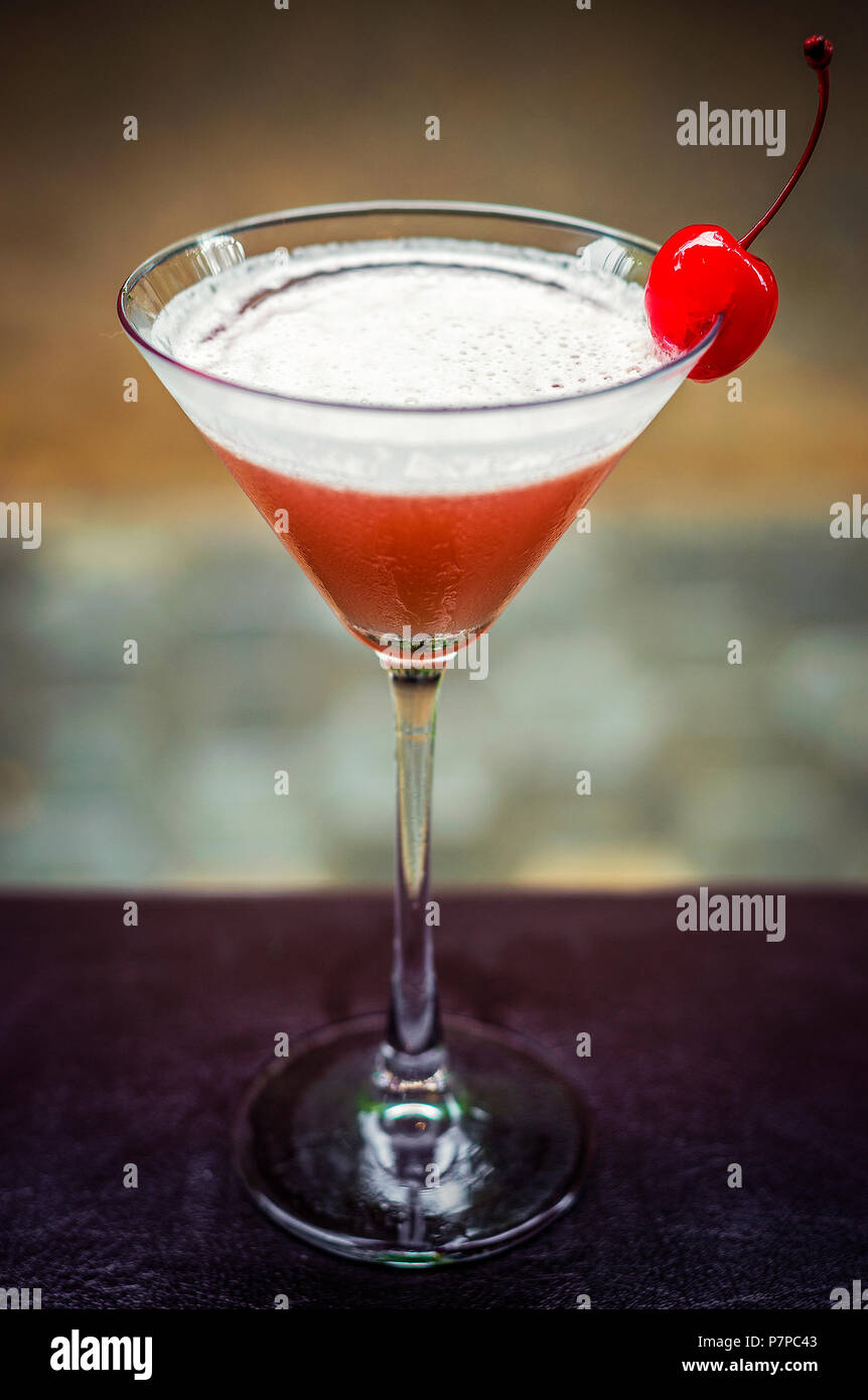 Maraschino Cherry Martini Cocktail Drink Glass On Bar Stock Photo Alamy