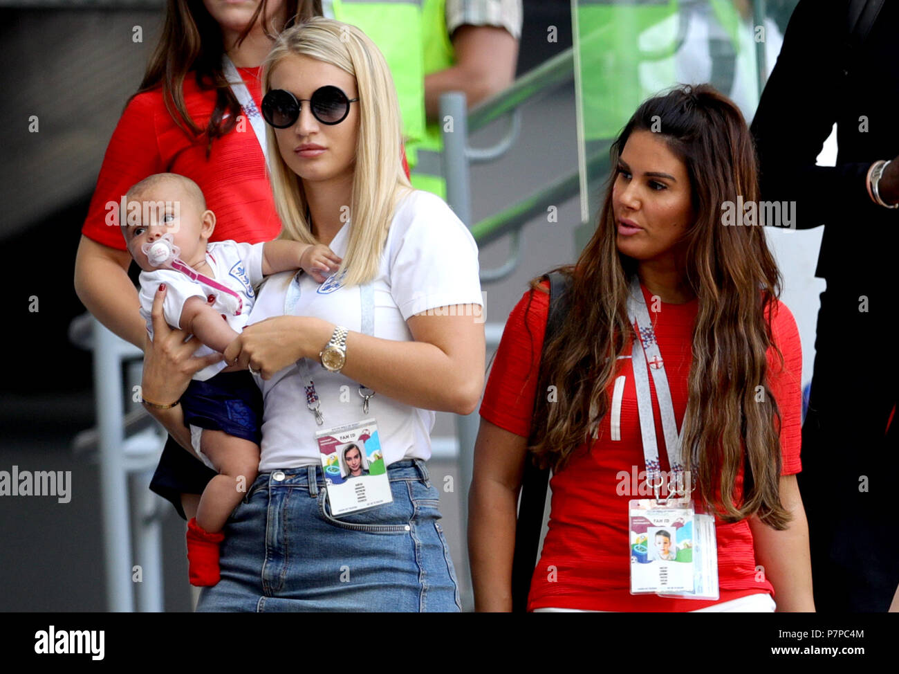 Annabel Peyton, partner of England's Jack Butland and Rebekah Vardy, wife of Jamie Vardy before the FIFA World Cup, Quarter Final match at the Samara Stadium. Stock Photo