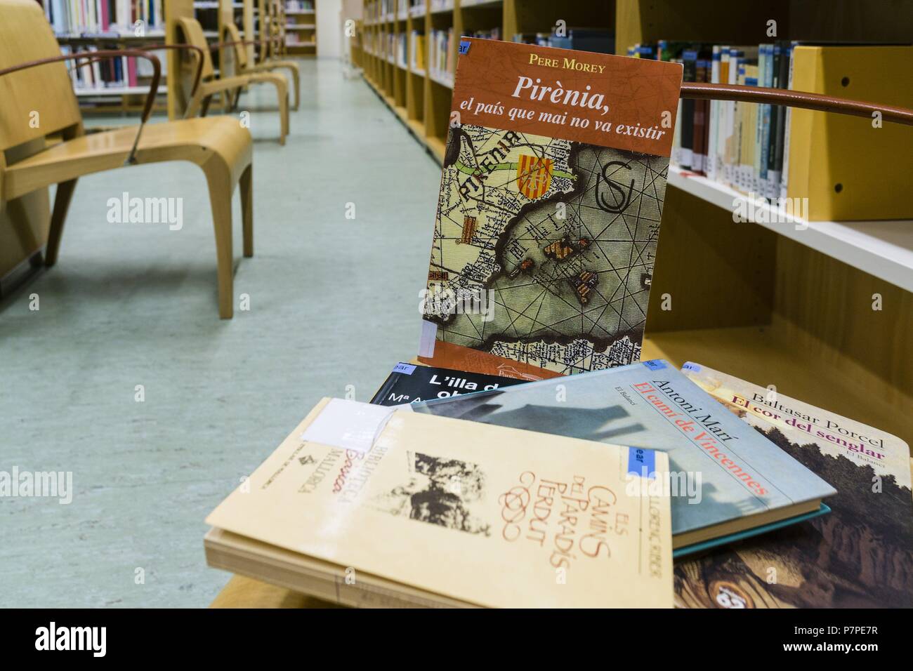 libros en lengua catalana, biblioteca Can Sales, Palma, Mallorca, Balearic Islands, Spain. Stock Photo