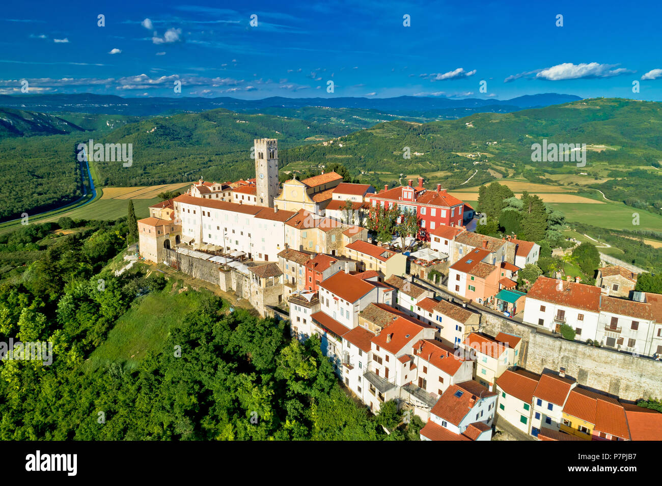 Idyllic hill town of Motovun aerial view, Istria region of Croatia Stock Photo