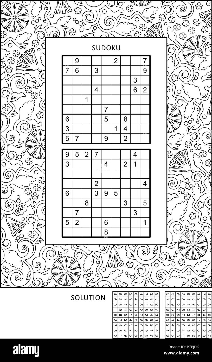 Puzzle and coloring activity page for grown-ups with two sudoku puzzles of comfortable level and wide decorative frame to color. Family friendly. Stock Vector